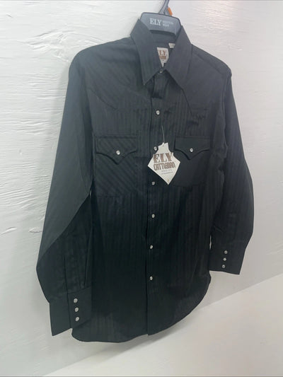 New Men’s ELY Cattleman Black Long Sleeve Pearl Snap 15.5 X 33 Medium B-115