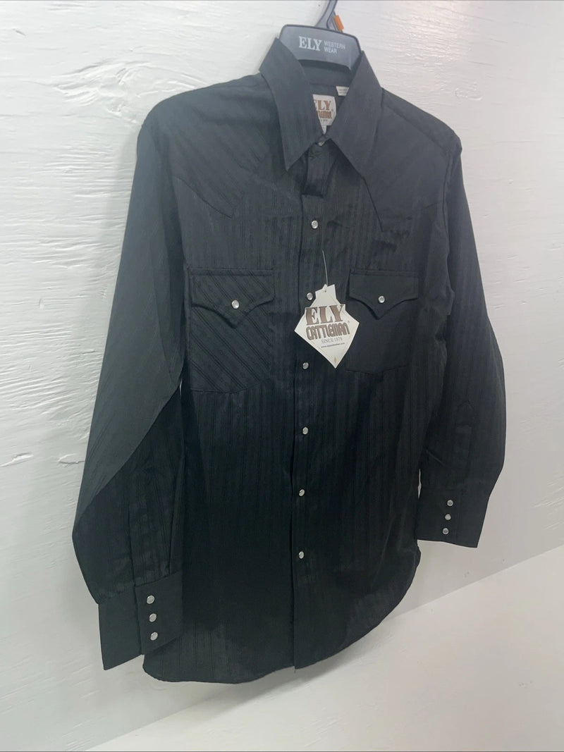 New Men’s ELY Cattleman Black Long Sleeve Pearl Snap 15.5 X 33 Medium B-115