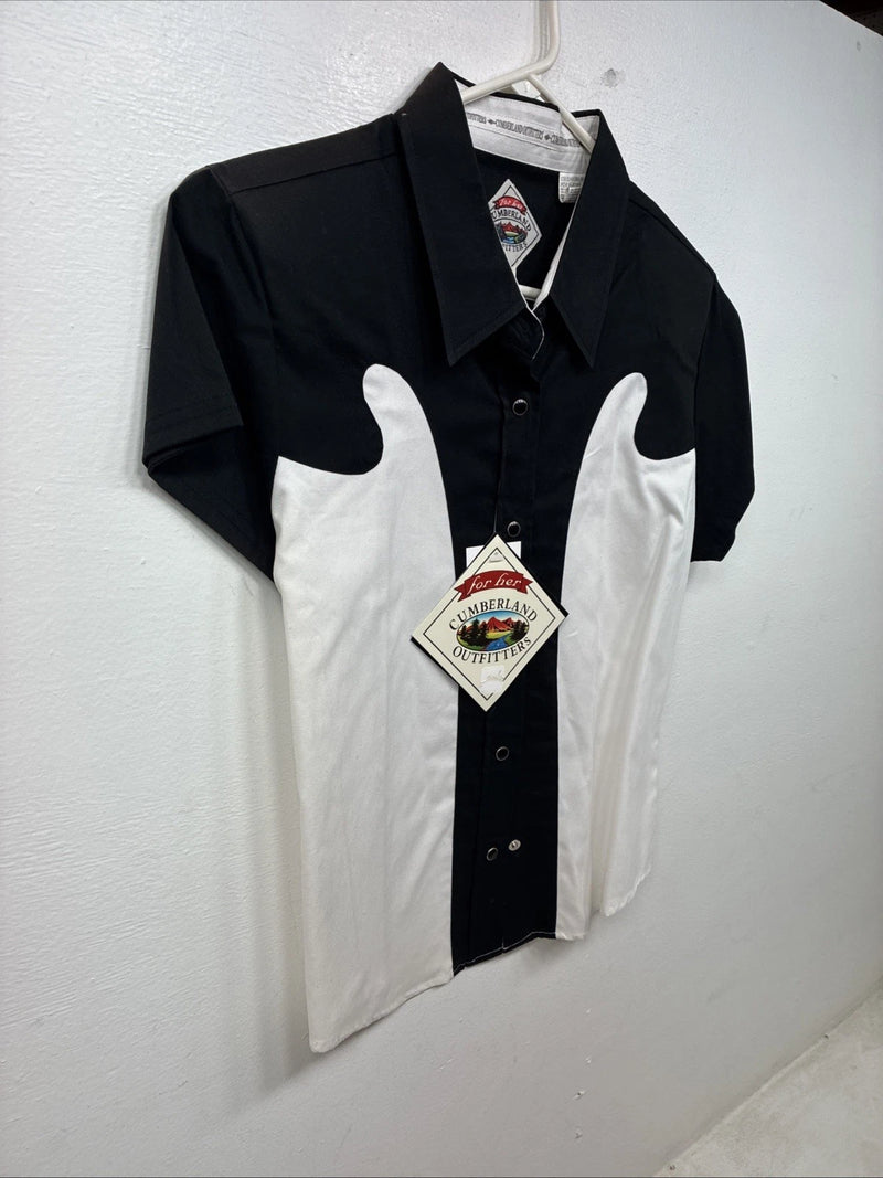 New Women’s Cumberland Black White Short Sleeve Pearl Snap Small TT-108