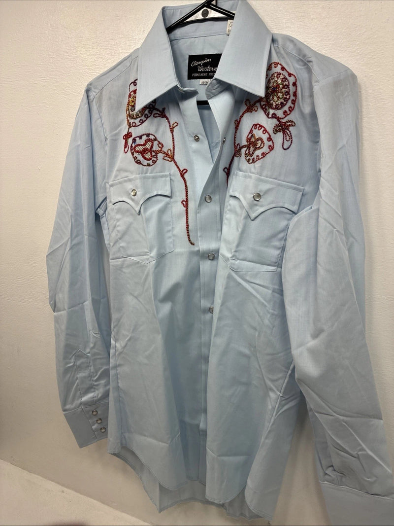 New Women’s Champion Western Blue Design Long Sleeve Pearl Snap Size 15 MM-43