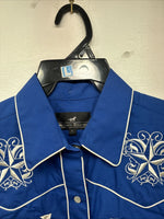 New Women’s Western Express Blue Design Long Sleeve Pearl Snap Large KK-73