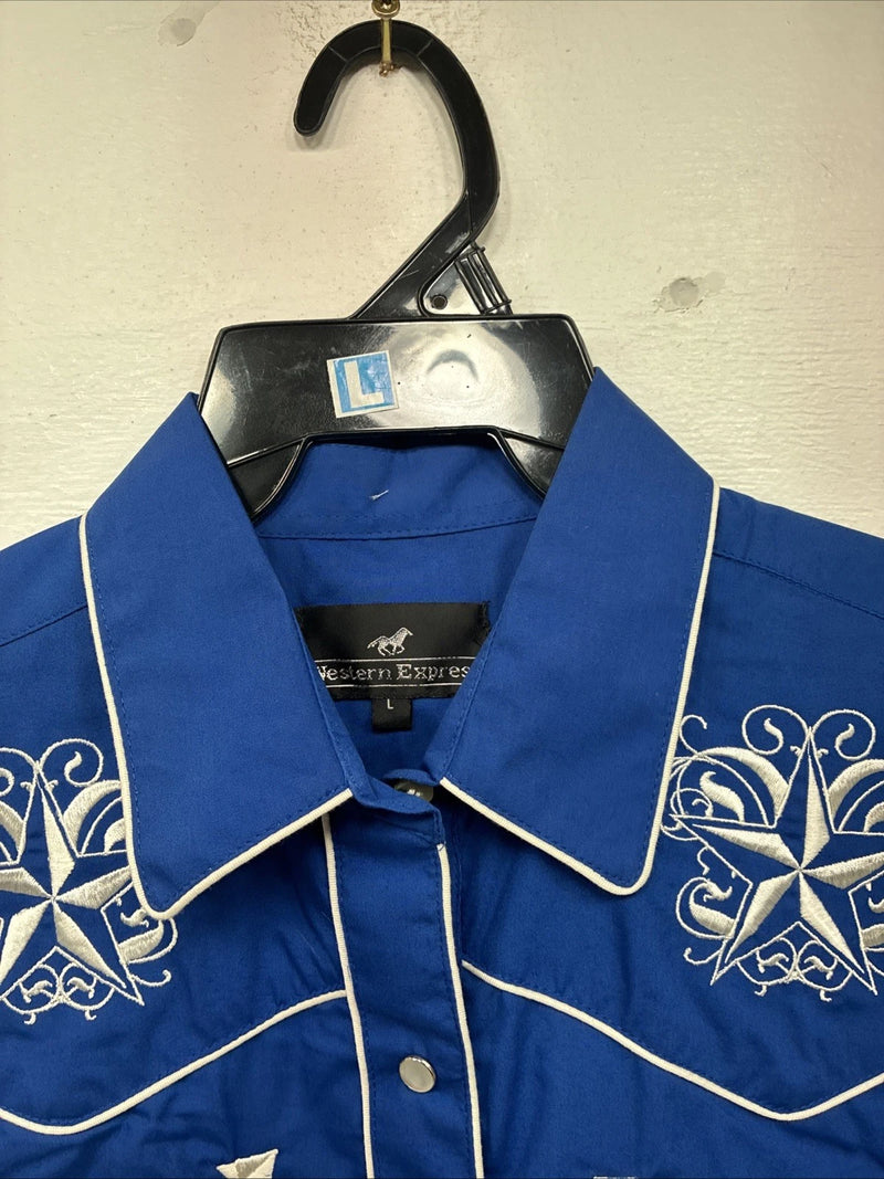 New Women’s Western Express Blue Design Long Sleeve Pearl Snap Large KK-73