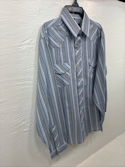 New Teens White Horse Blue Stripe Long Sleeve Pearl Snap Medium V-103