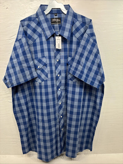 New Men’s White Horse Blue Checkered Short Sleeve Pearl Snap 2XL H-68
