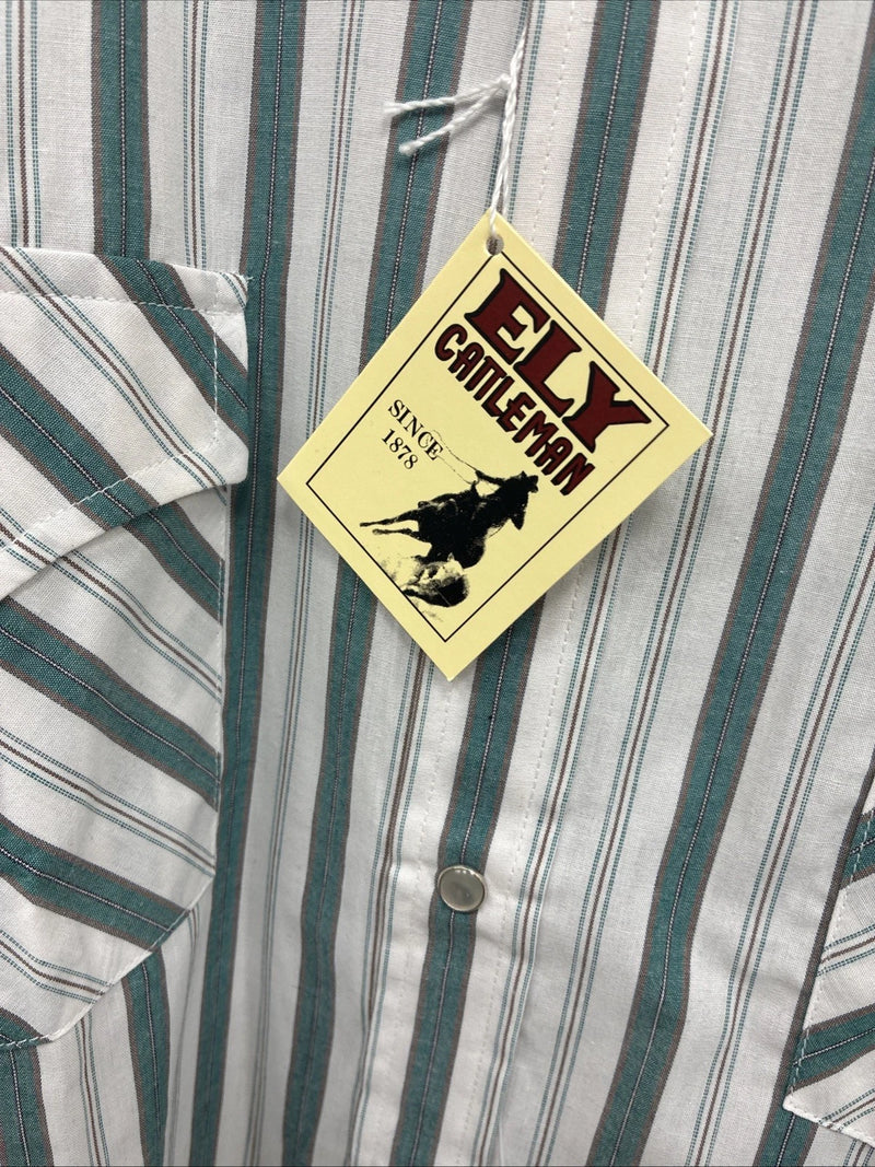 New Men’s ELY Cattleman Blue White Stripe Short Sleeve Pearl Snap XL M-21