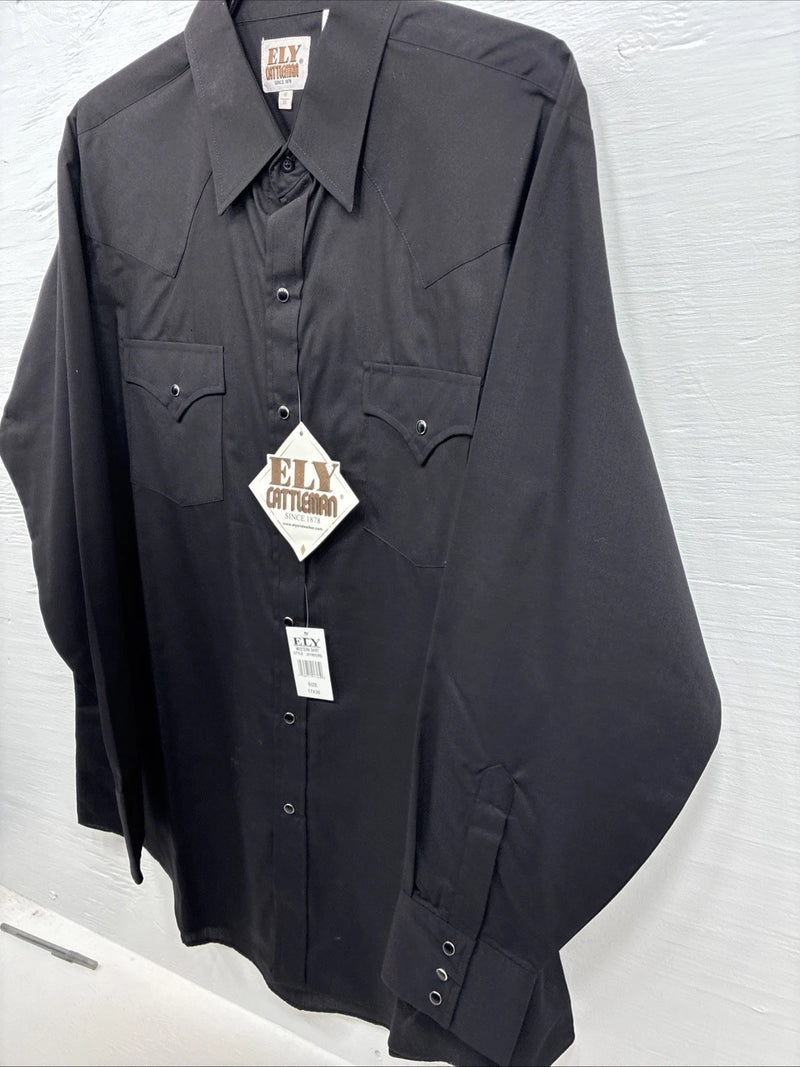 New Men’s ELY Cattleman Black Simple Long Sleeve Pearl Snap 17 XL O-44