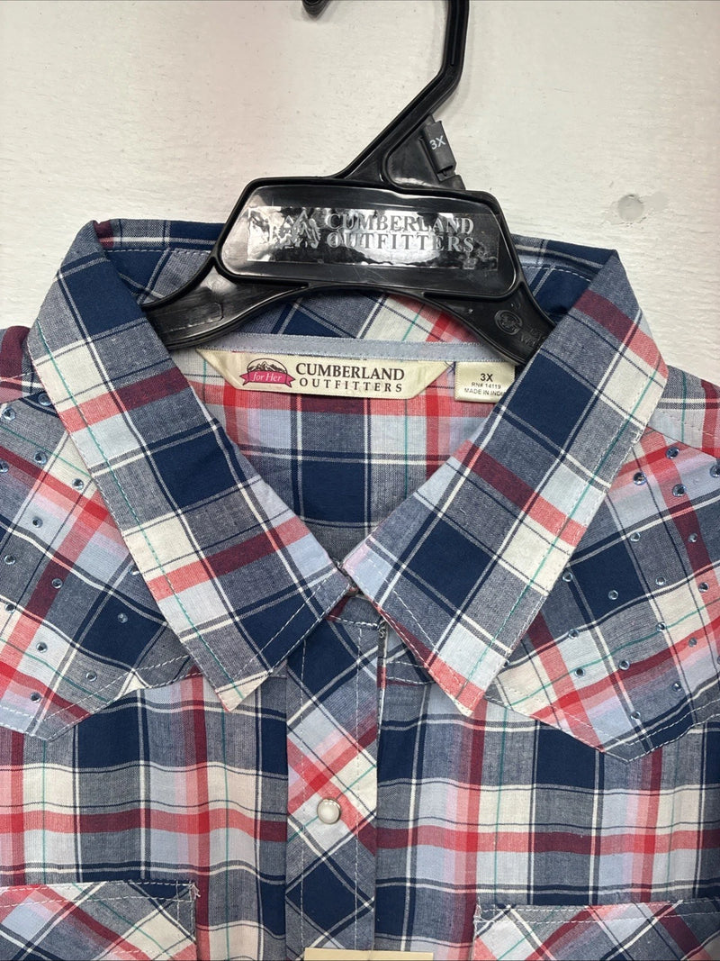 New Women’s Cumberland Blue Plaid Long Sleeve Pearl Snap 3XL GG-57