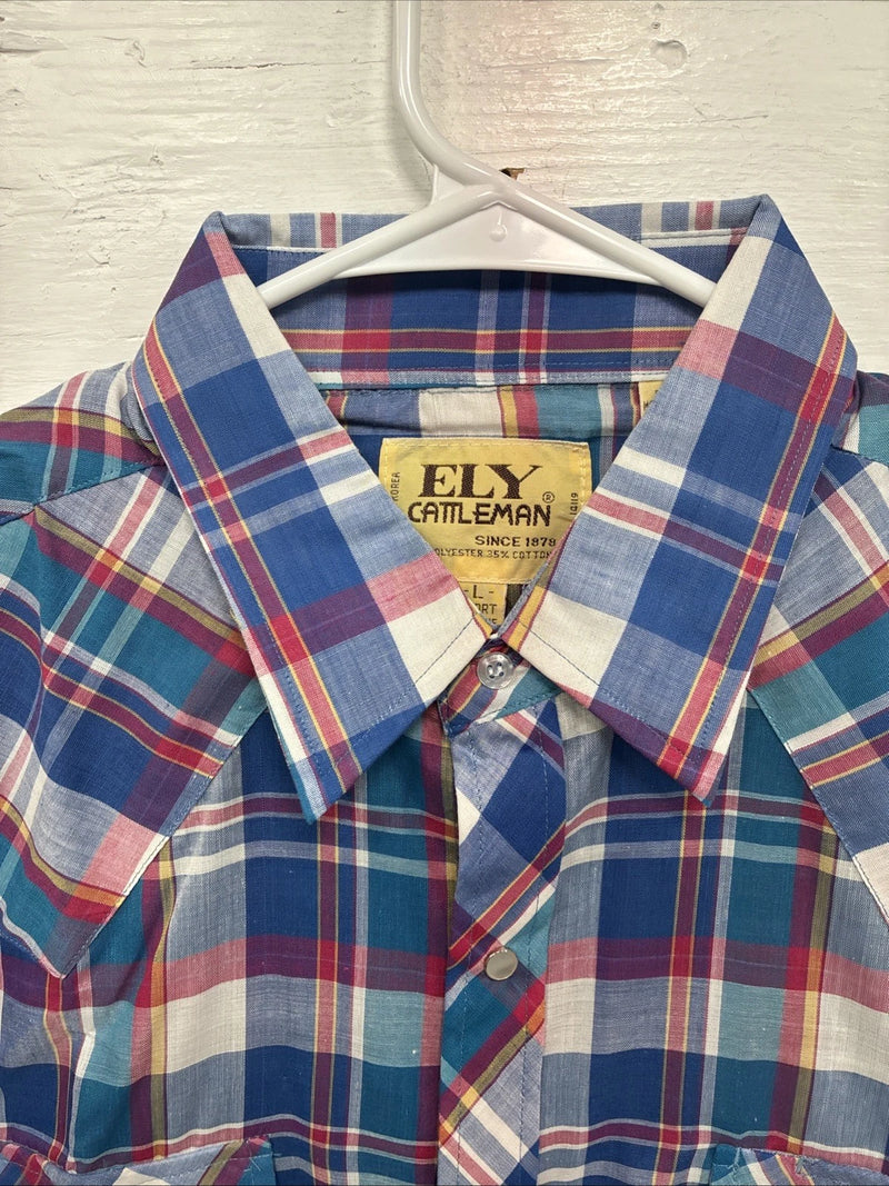New Men’s ELY Cattleman Multicolor Plaid Short Sleeve Pearl Snap Large X-25