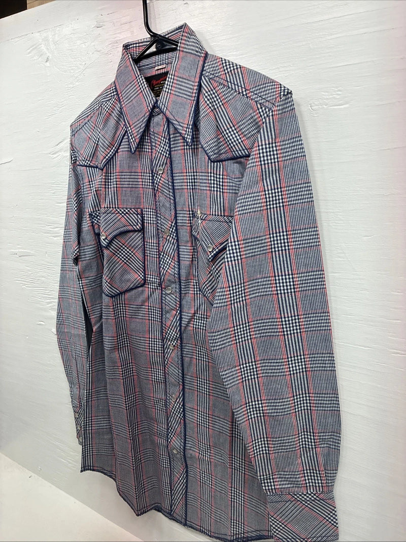New Men’s Champion Westerns Blue Red Plaid Long Sleeve Pearl Snap 14 Small R-26