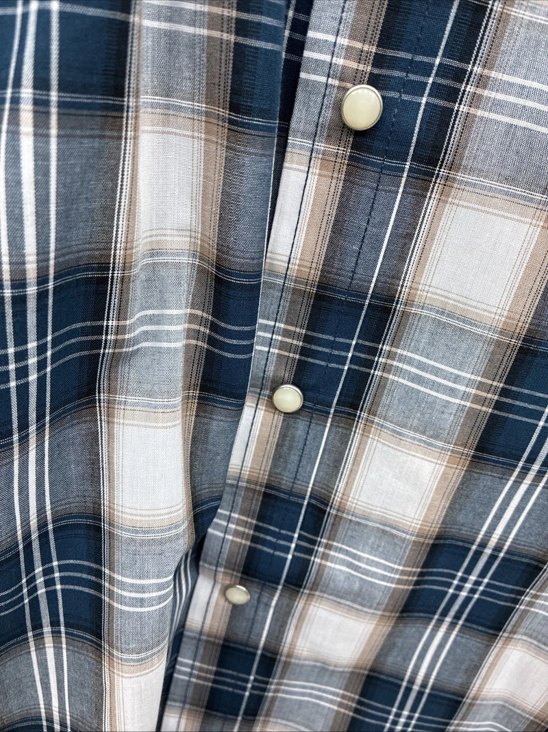 New Men’s ELY Cattleman Blue Tan Flannel Short Sleeve Pearl Snap 4XL E-68
