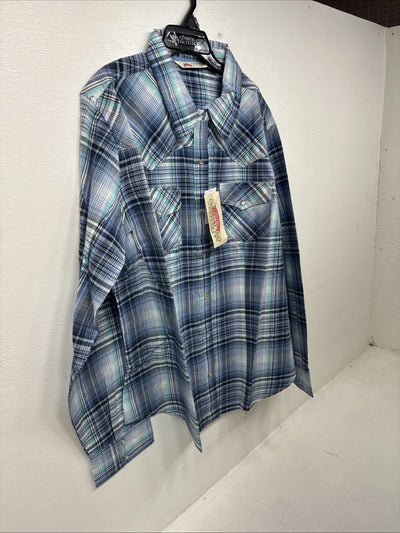 New Women’s Cumberland Blue Plaid Long Sleeve Pearl Snap 2XL GG-44