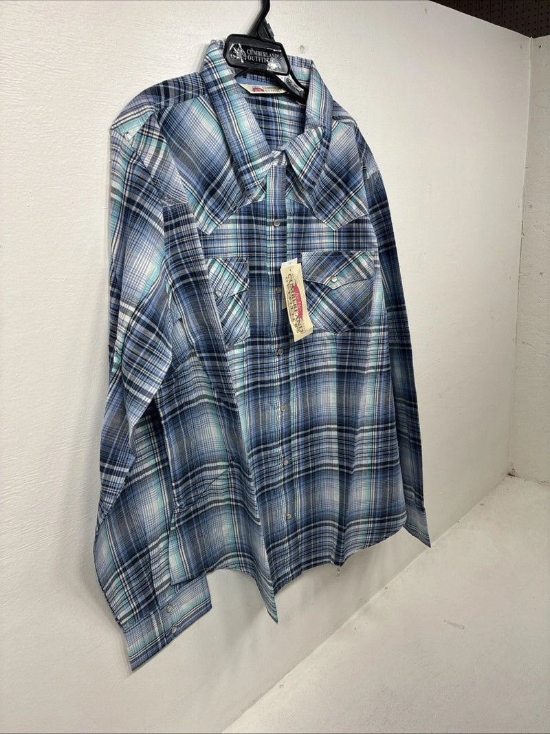 New Women’s Cumberland Blue Plaid Long Sleeve Pearl Snap 2XL GG-44