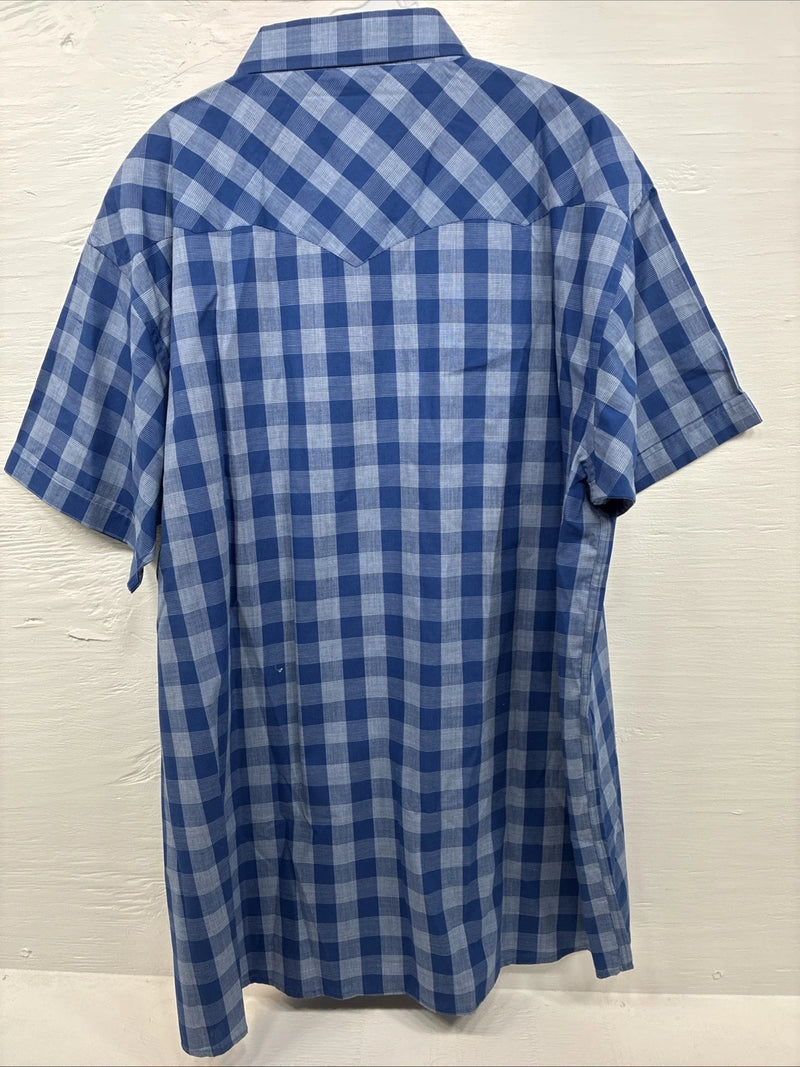 New Men’s White Horse Blue Checkered Short Sleeve Pearl Snap 2XL H-68