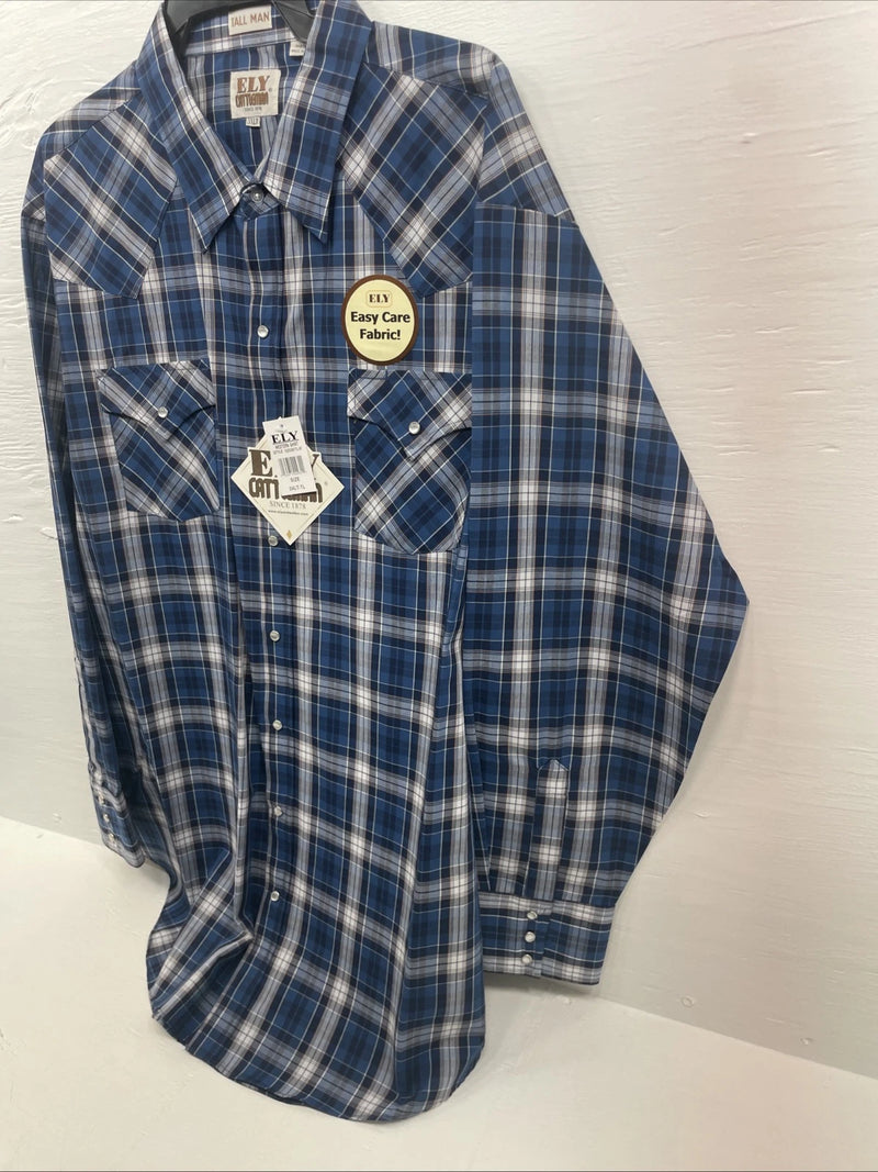 New Men’s ELY Cattleman Blue Long Sleeve Pearl Snap 3XL E-29