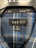 New Men’s ELY 1878 Blue Gray Plaid Short Sleeve Pearl Snap XL O-71