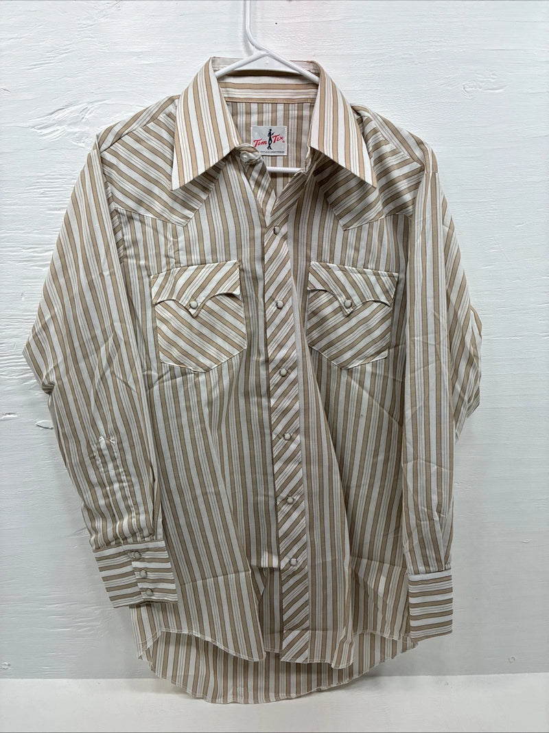 New Men’s Tem Tex Tan White Stripe Long Sleeve Pearl Snap Medium E-74