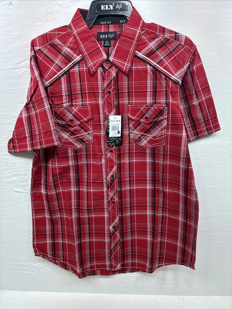 New Men’s ELY 1878 Red Plaid Short Sleeve Pearl Snap XL M-48