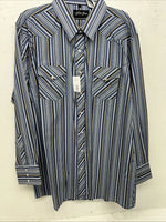 New Men’s Blue Stripped White House Pearl Snap Long Sleeve Shirt. XXL G-64