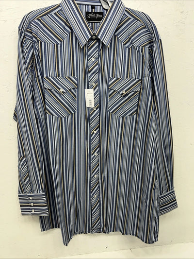 New Men’s Blue Stripped White House Pearl Snap Long Sleeve Shirt. XXL G-64