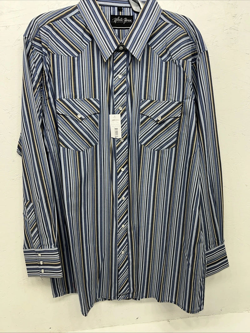 New Men’s Blue Stripped White House Pearl Snap Long Sleeve Shirt. XXL G-64
