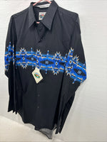 New Men’s Cumberland Black Blue Design Long Sleeve Pearl Snap Large CC-55