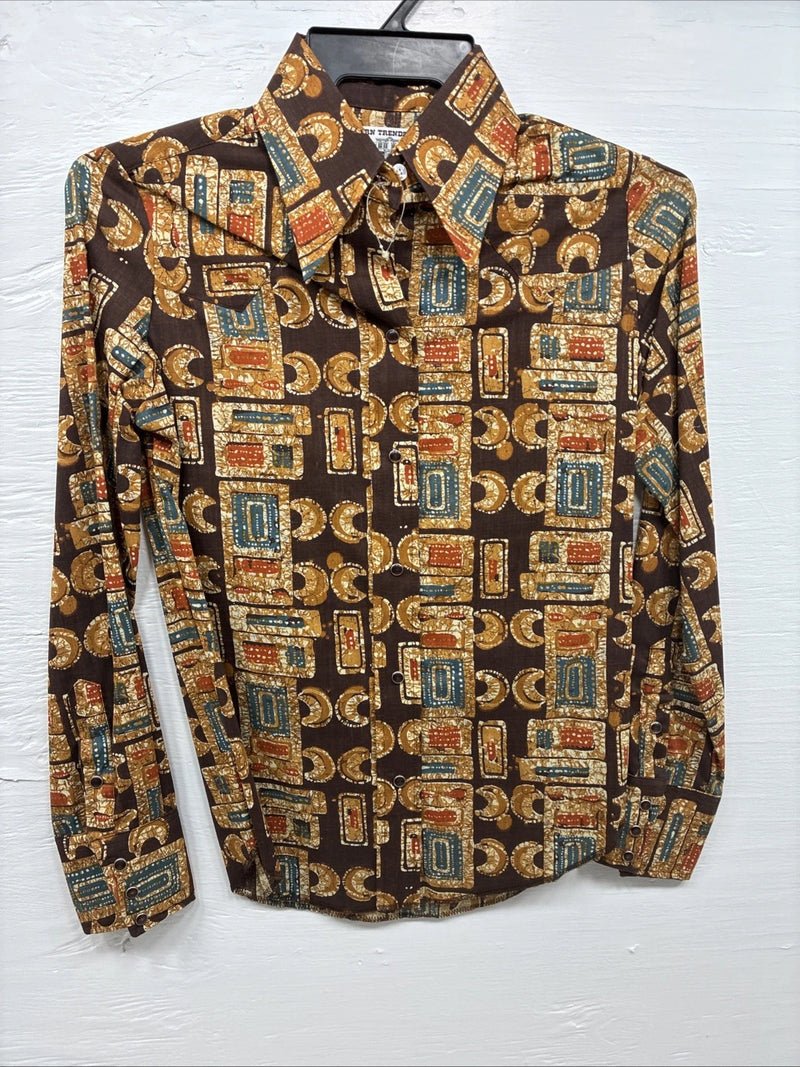 New Men’s Panhandle Slim Brown Gold Design Long Sleeve Pearl Snap XS J-68