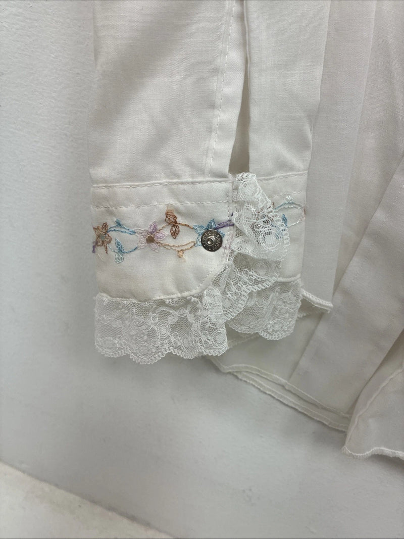 New Women’s American Rodeo White Embroidered Long Sleeve Pearl Snap 14 YY-133