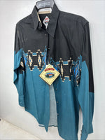 New Women’s Cumberland Blue Black Design Long Sleeve Button Up Medium YY-65