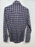 New Kids Panhandle Slim Blue Gold Plaid Long Sleeve Pearl Snap Size 10 CC-81