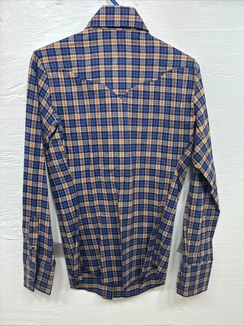 New Kids Panhandle Slim Blue Gold Plaid Long Sleeve Pearl Snap Size 10 CC-81
