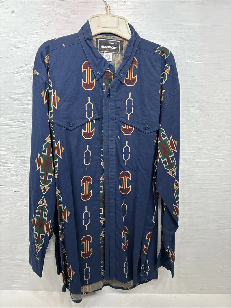 New Men’s GunSmoke Blue Western Design Long Sleeve Button Up XL O-40