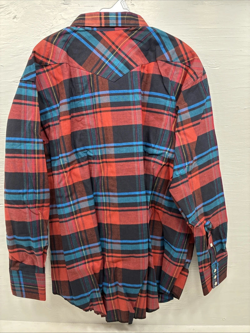 New Men’s Wrangler Red Blue Navy Flannel Long Sleeve Pearl Snap 20 X 36 XL H-60