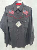 New Men’s ELY Cattleman Black Flag Design Long Sleeve Pearl Snap Large T-58