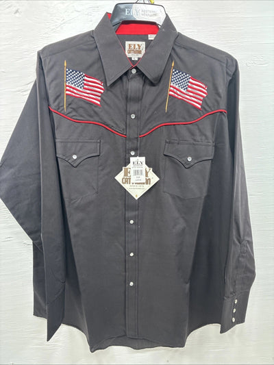 New Men’s ELY Cattleman Black Flag Design Long Sleeve Pearl Snap Large T-58