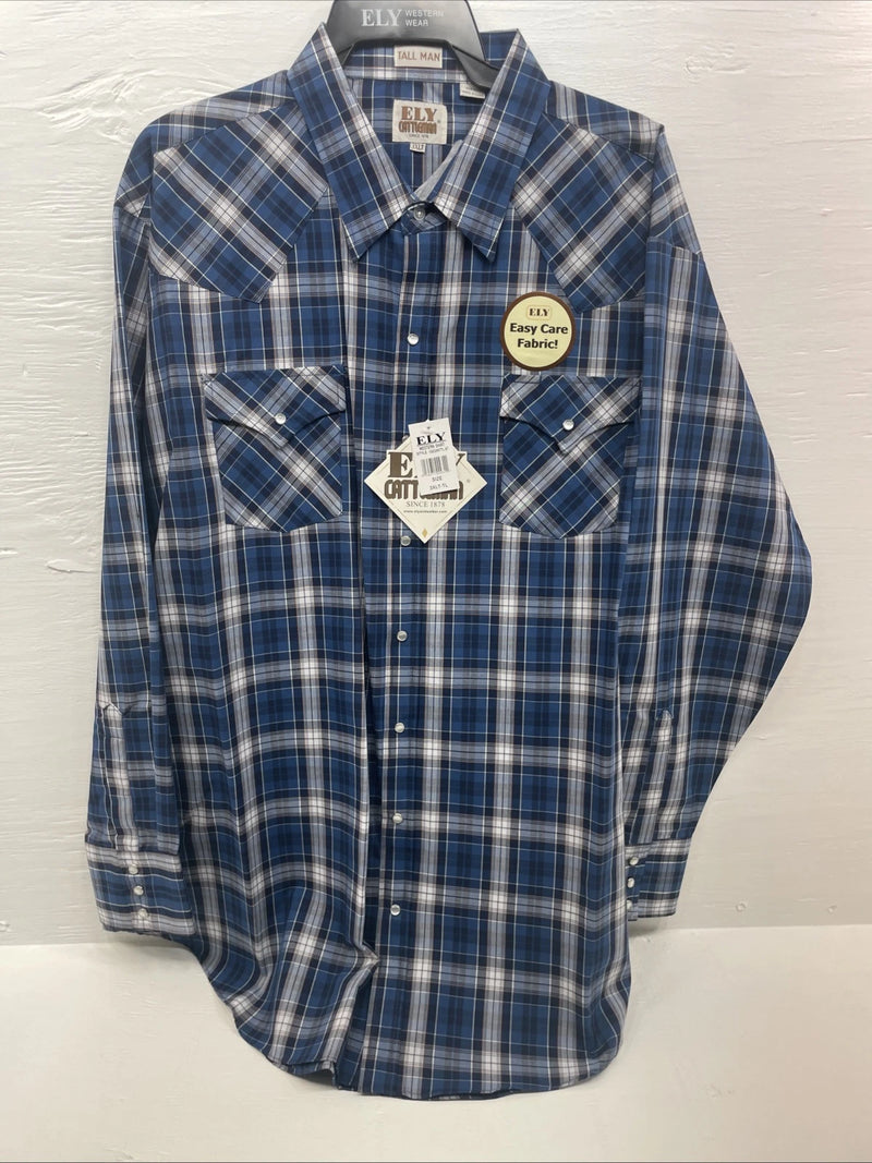 New Men’s ELY Cattleman Blue Long Sleeve Pearl Snap 3XL E-29