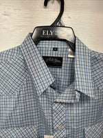 New Men’s White Horse Blue White Plaid Long Sleeve Pearl Snap XL R-71