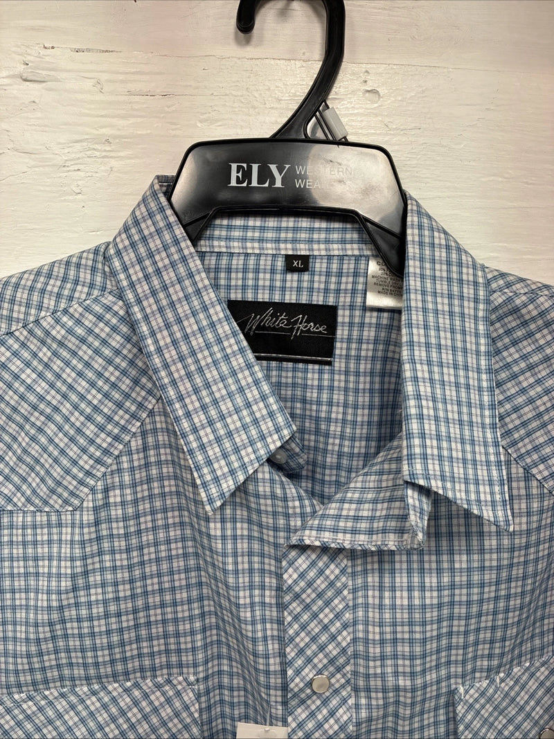 New Men’s White Horse Blue White Plaid Long Sleeve Pearl Snap XL R-71