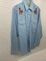 New Men’s ELY Wildlife Blue Horse Embroidered Long Sleeve Pearl Snap Medium K-57