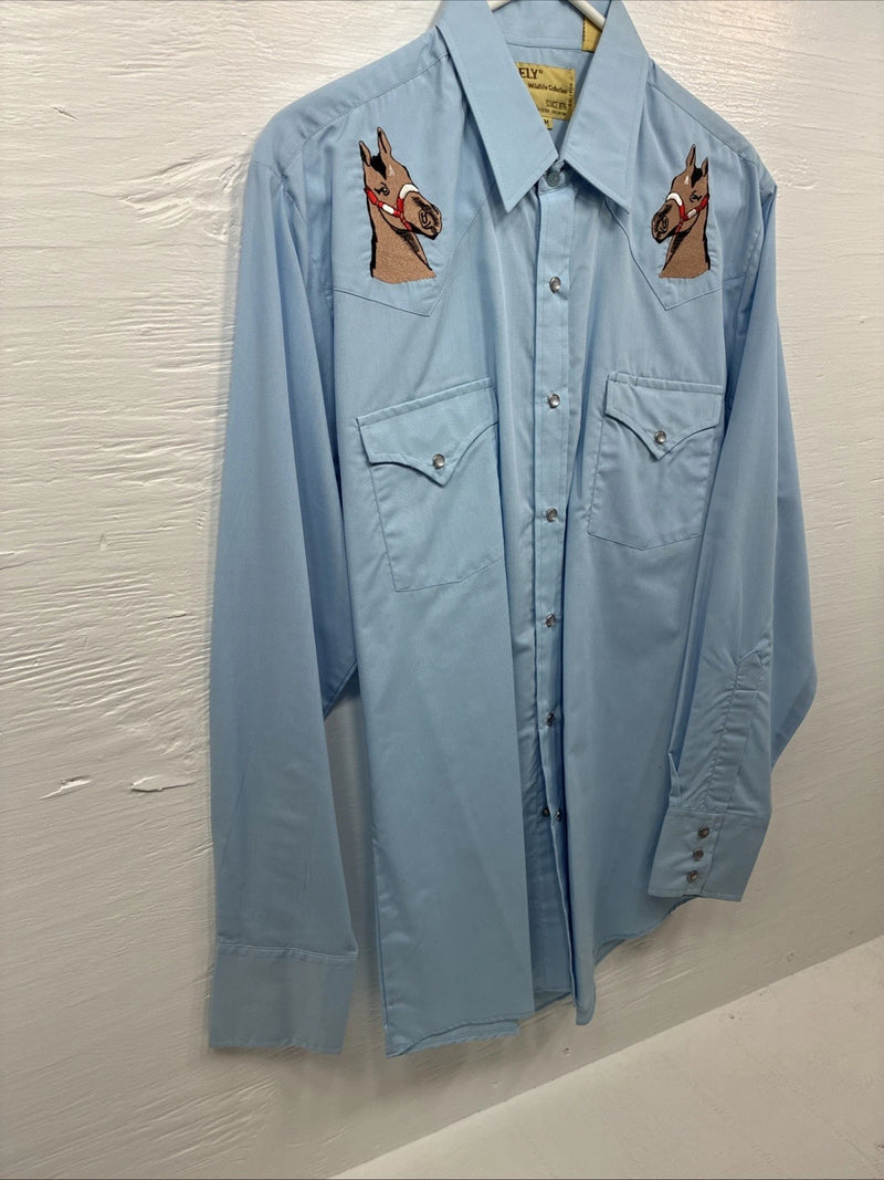 New Men’s ELY Wildlife Blue Horse Embroidered Long Sleeve Pearl Snap Medium K-57