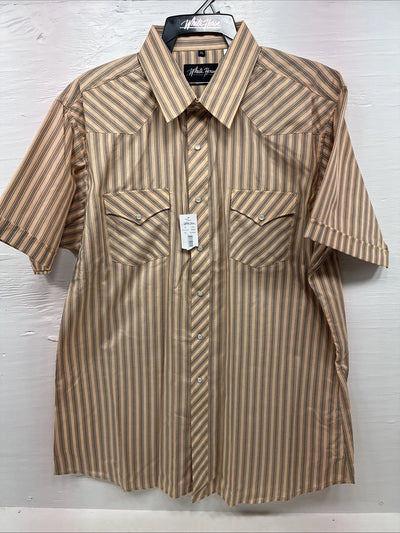 New Men’s White Horse Yellow Black Stripe Short Sleeve Pearl Snap XL T-10