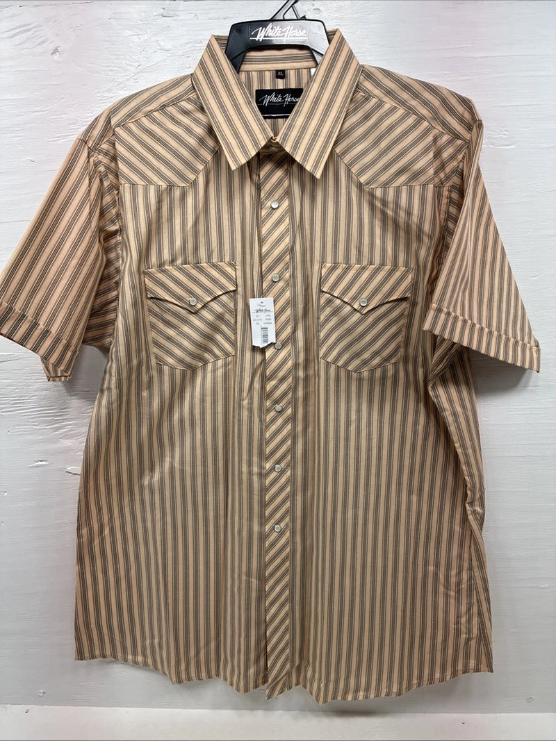New Men’s White Horse Yellow Black Stripe Short Sleeve Pearl Snap XL T-10