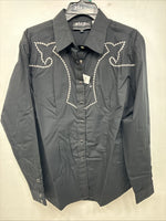 New Women’s White Horse Black Design Long Sleeve Pearl Snap XL II-43
