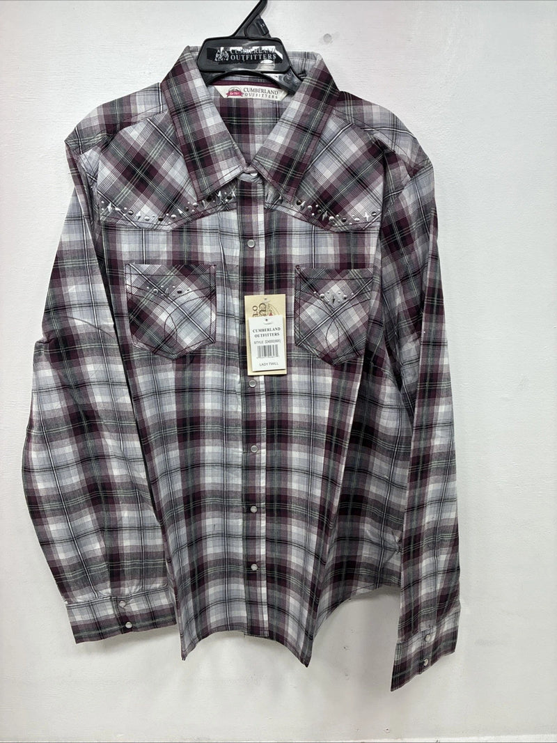 New Women’s Cumberland Purple Plaid Long Sleeve Pearl Snap 1XL GG-23