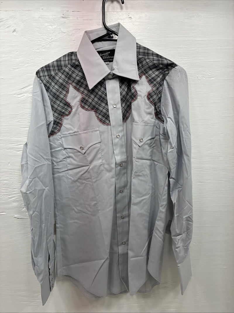 New Men’s Champion Western Gray Plaid Long Sleeve Pearl Snap 15 Medium AA-76