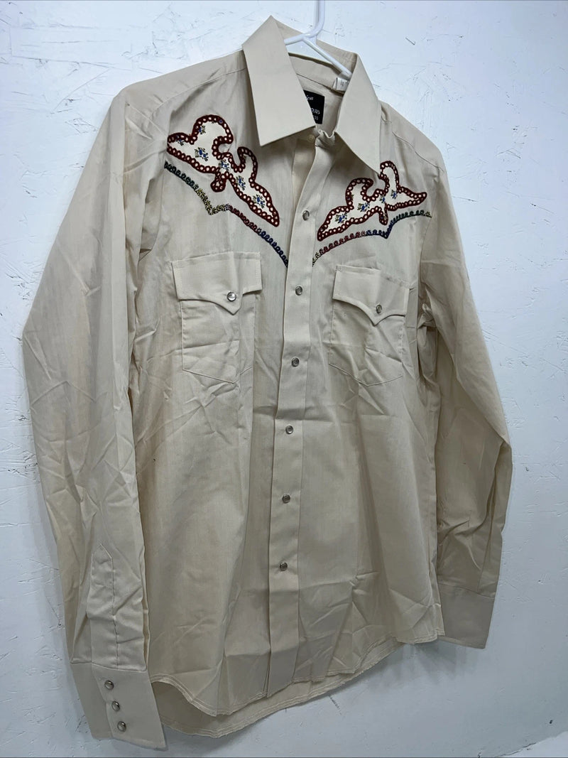New men’s Cream Champion western Pearl Snap Long Sleeve 15.5 X 34 Medium A-180 