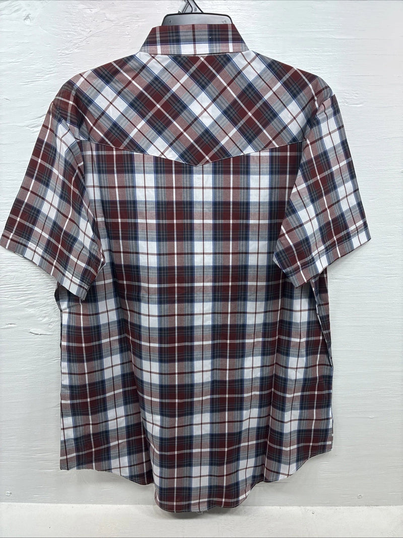 New Men’s ELY Cattleman Red White Plaid Short Sleeve Pearl Snap Large Tall X-66