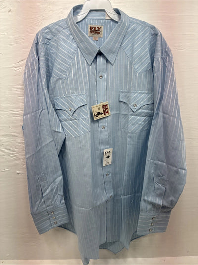 New Men’s ELY Cattleman Blue White Stripe Long Sleeve Pearl Snap 18.5 2XL O-27