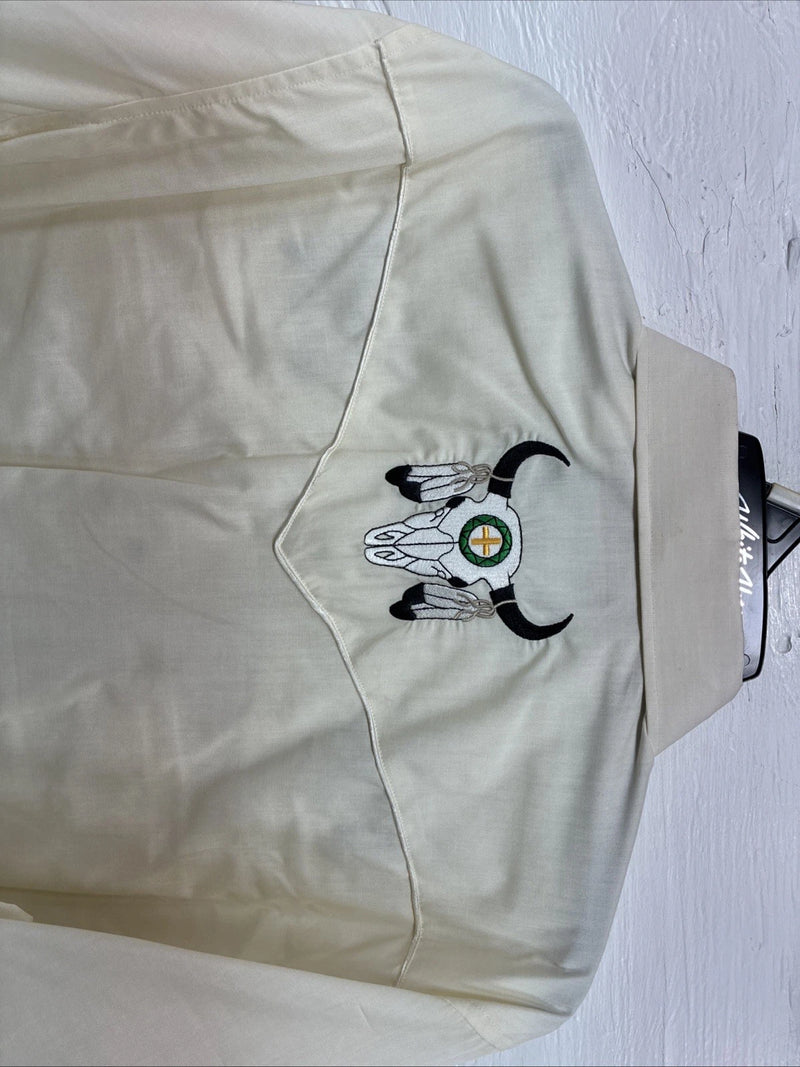 New Men’s White Horse Yellow Bull Design Long Sleeve Pearl Snap Large CC-33