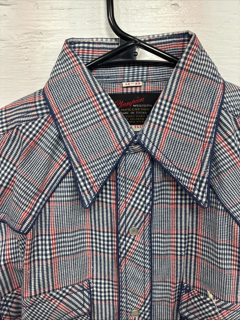 New Men’s Champion Westerns Blue Red Plaid Long Sleeve Pearl Snap 14 Small R-26