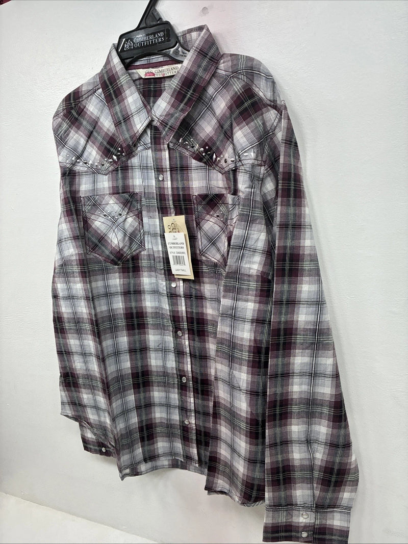 New Women’s Cumberland Purple Plaid Long Sleeve Pearl Snap 1XL GG-31
